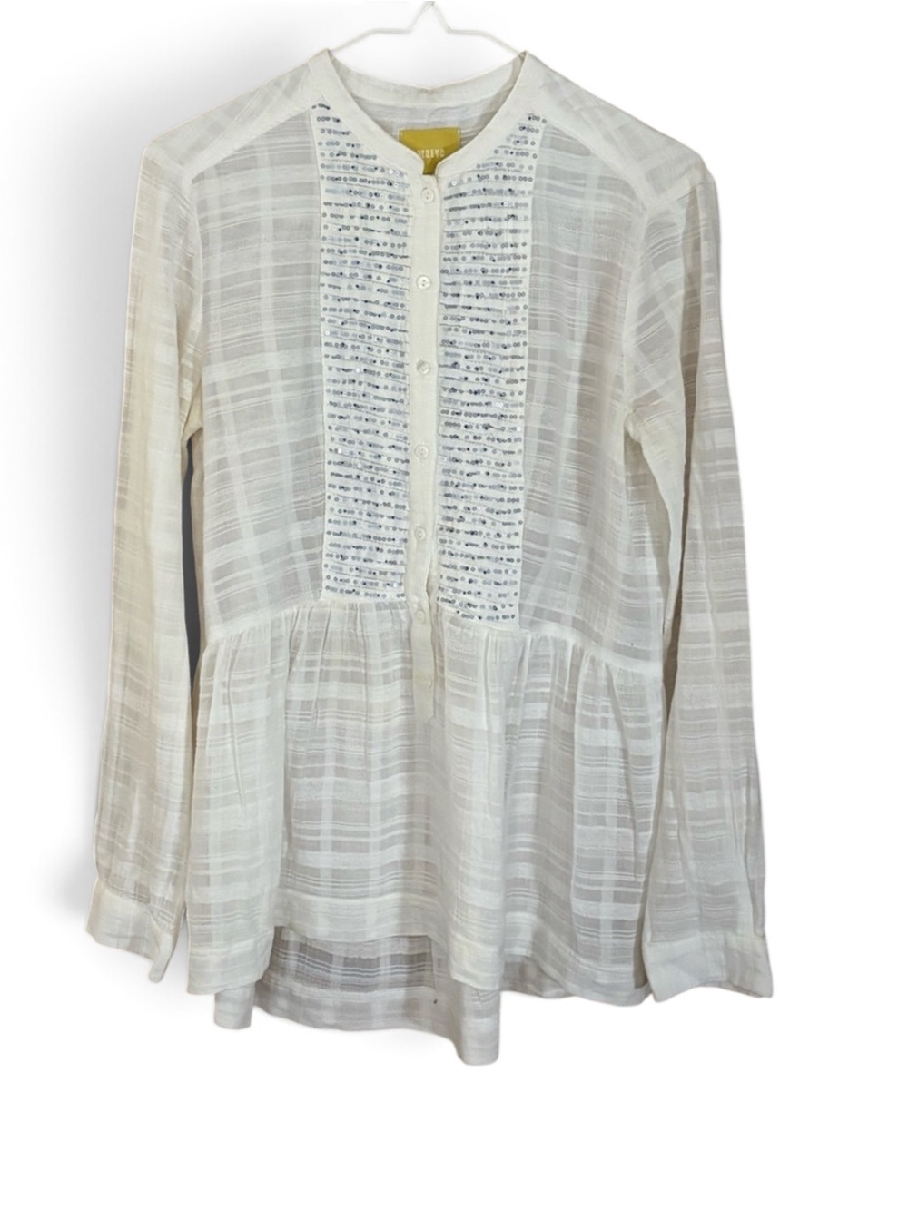 Maeve White Linen Button-Front Peasant Blouse with Sequins